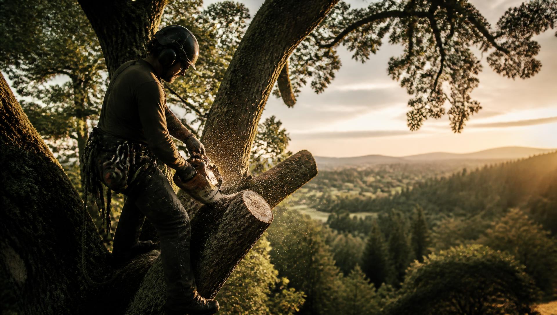 Professional tree worker climbing a large tree in Northern California